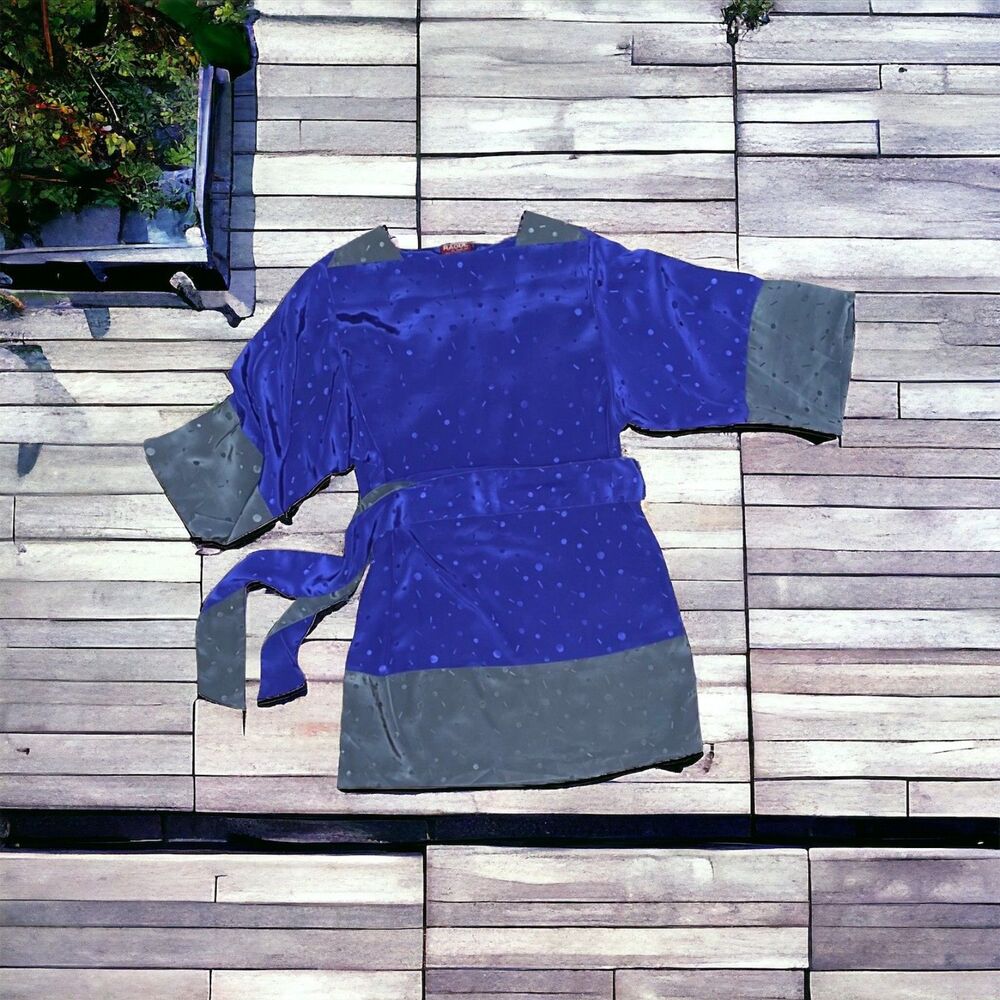 70’s Mini Dress Tunic Silver Blue Color Block Pull-Over Belted Kimono Sleeves 12
